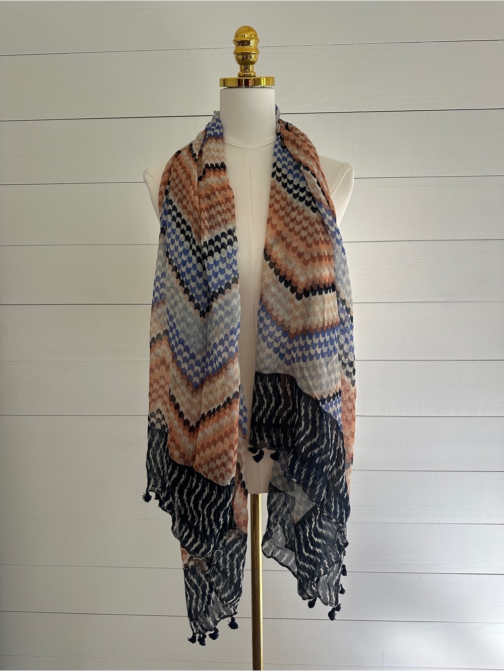 New Stella & Dot Lightweight Pattern Scarf in Blue, Peach & Navy